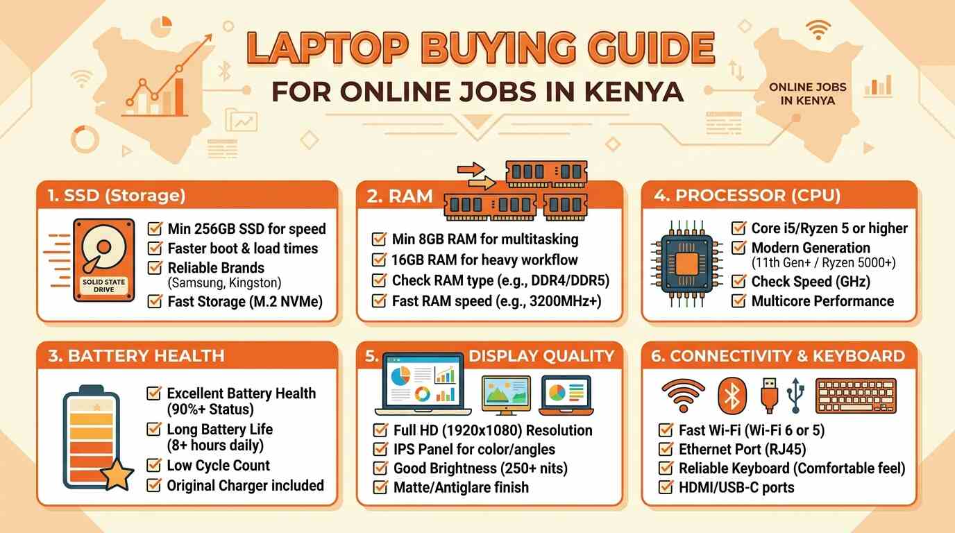 Tips for buying a laptop for online jobs in Kenya — checklist illustration