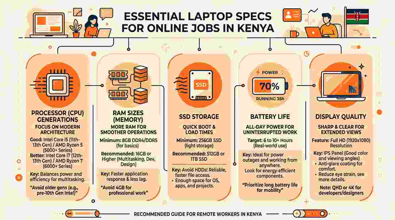 Infographic: key laptop specs for online jobs in Kenya — RAM, processor, storage, battery