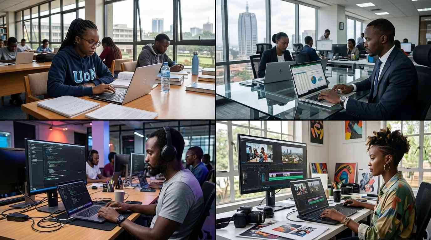 Different laptop use cases in Kenya — student, business, developer, creative