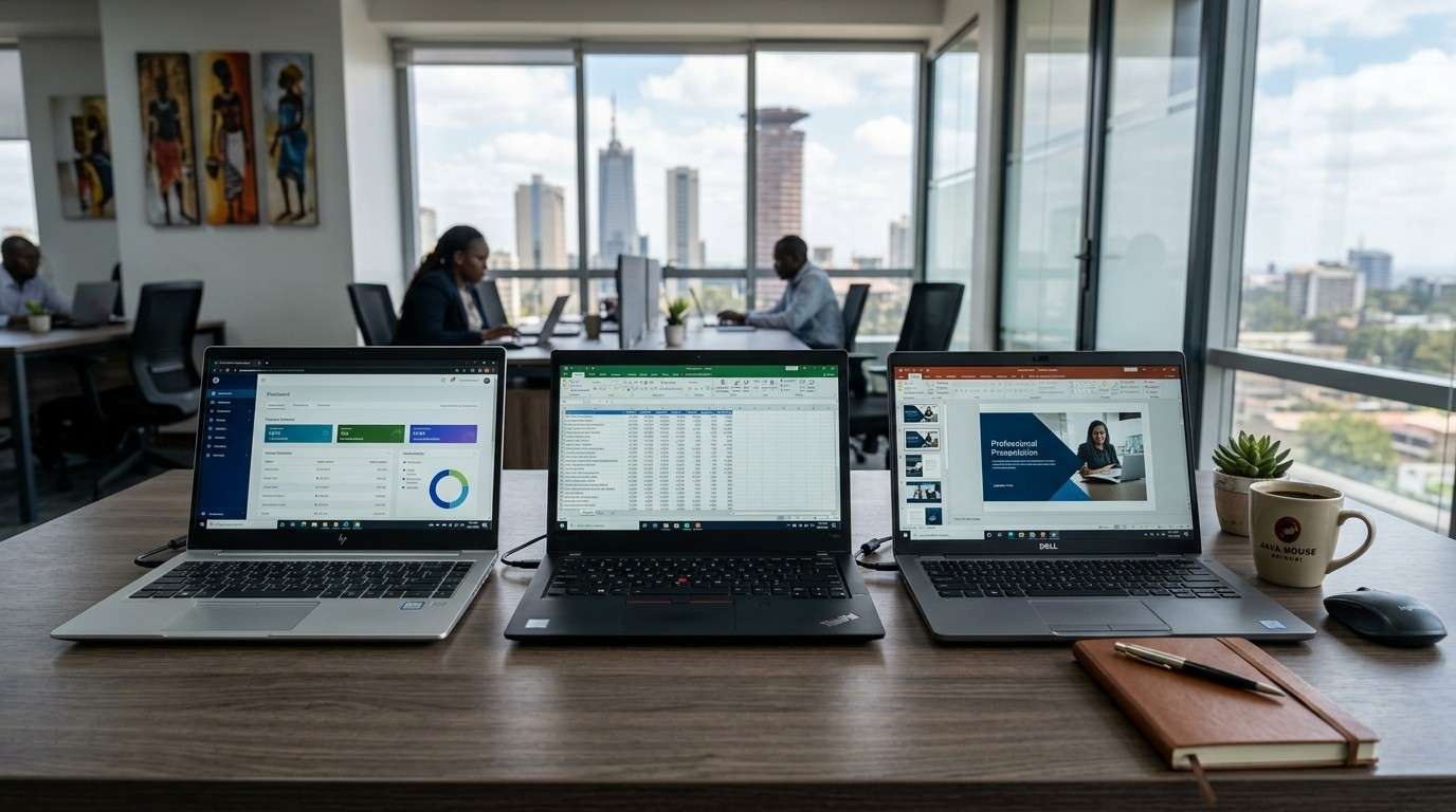 HP EliteBook 840 and Lenovo ThinkPad side by side — mid-range value laptops in Kenya