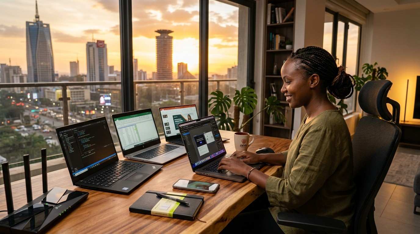 Best laptop for online jobs in Kenya — various laptops on a desk with Nairobi skyline in background