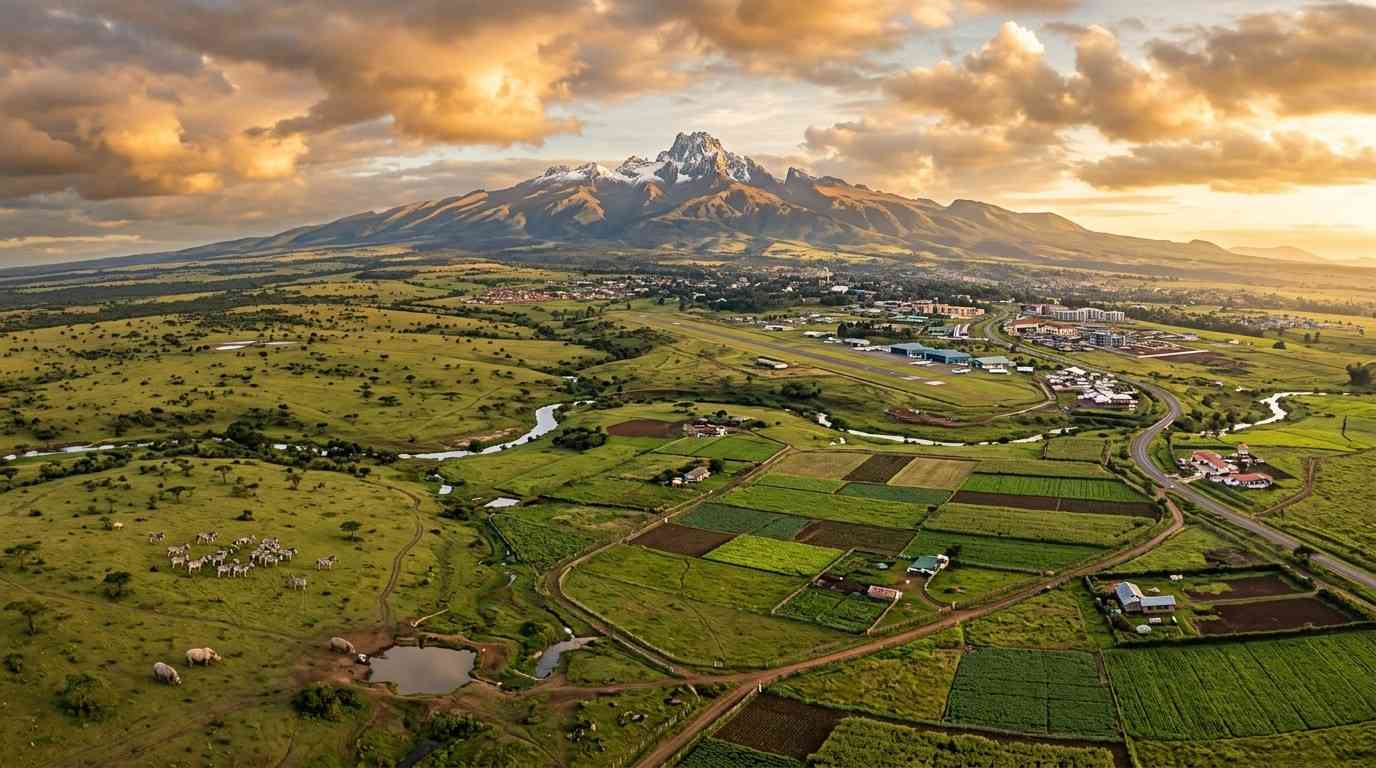 Aerial view of Laikipia County plateau with Mt Kenya in the background