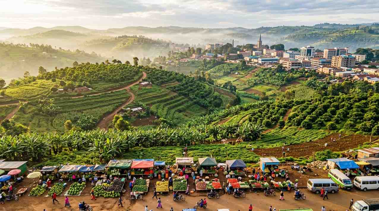 Rolling green tea farms in Kisii County, Kenya, with mist covering the highland hills