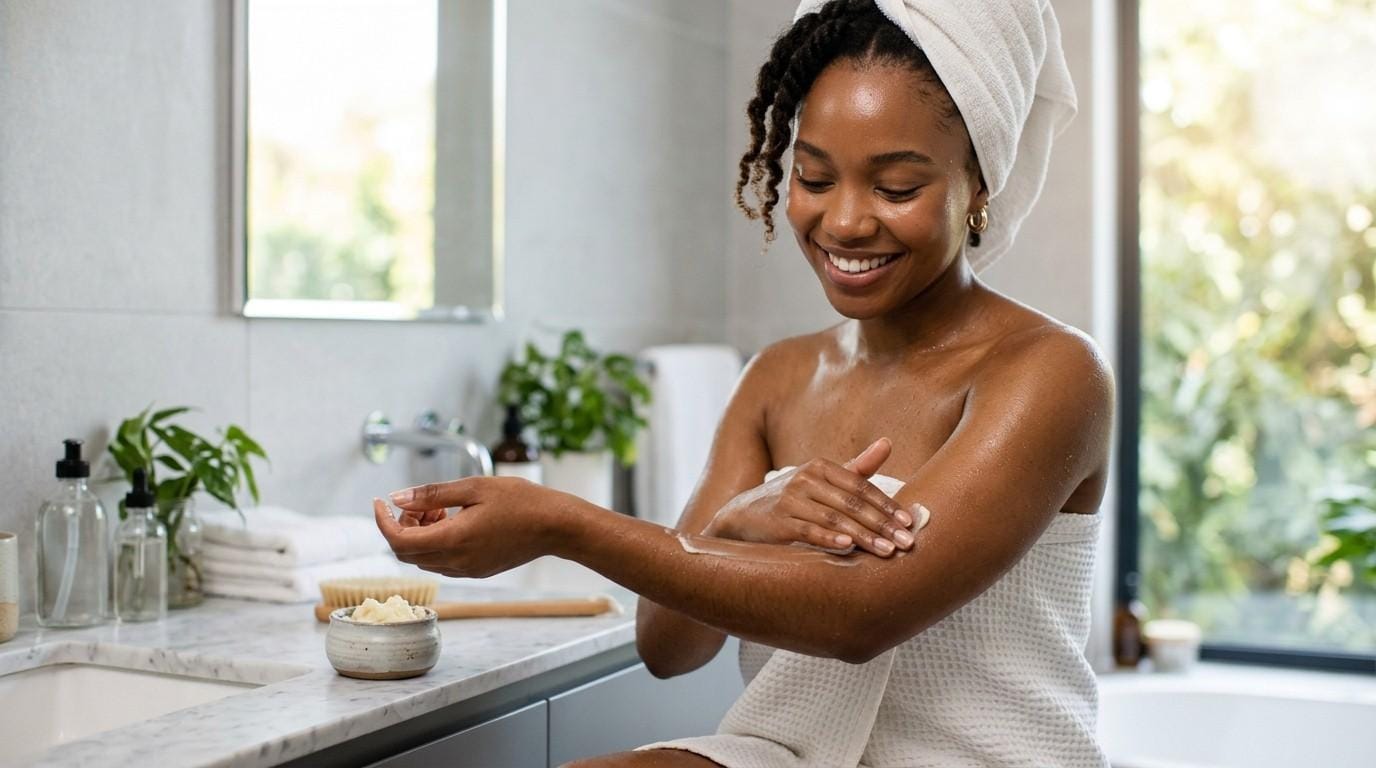 Woman applying natural moisturizer to her skin after a shower, showing proper skincare routine