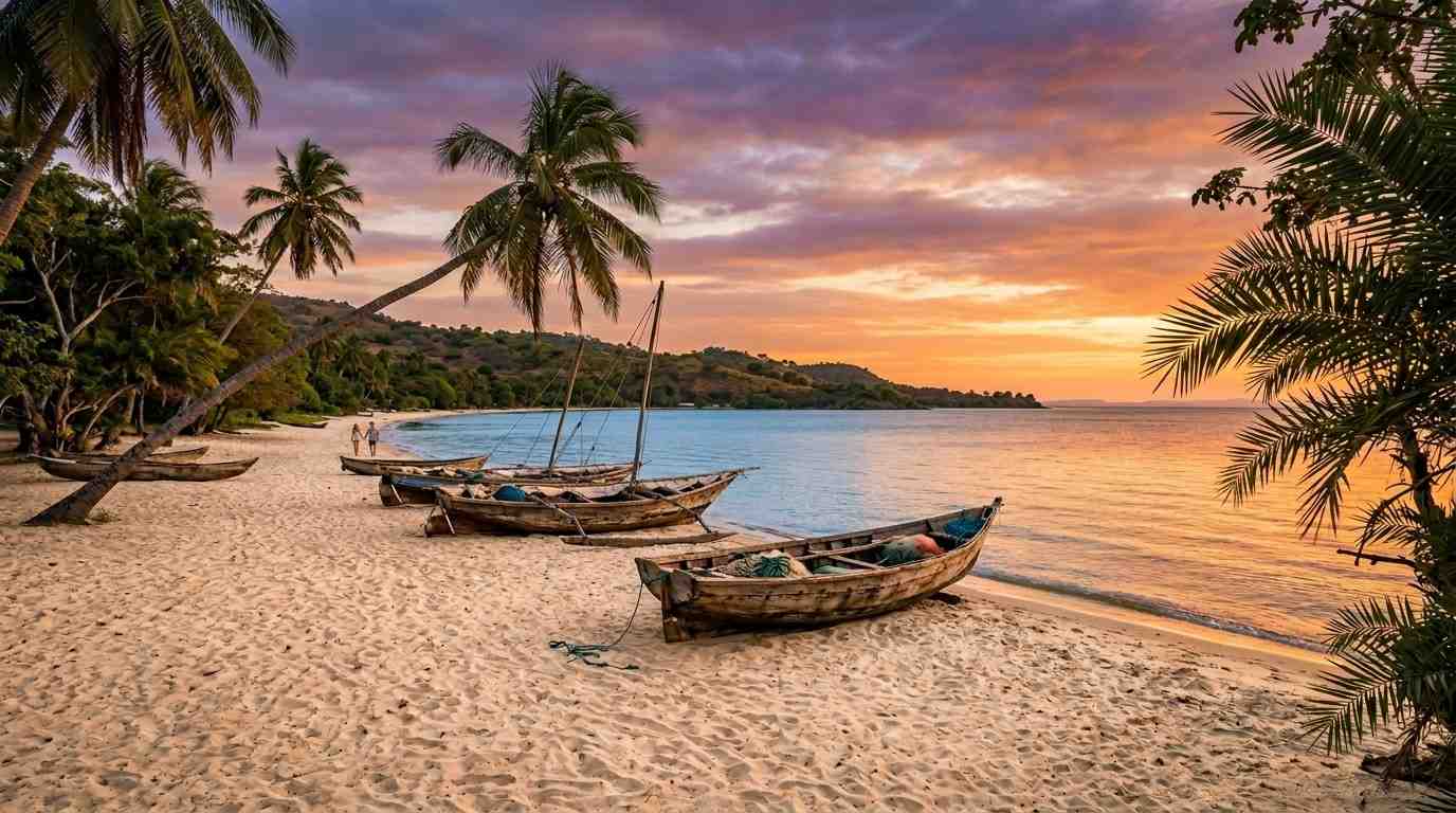 Pristine sandy beach on Rusinga Island in Homa Bay County, Lake Victoria, with traditional fishing boats and a dramatic sunset sky