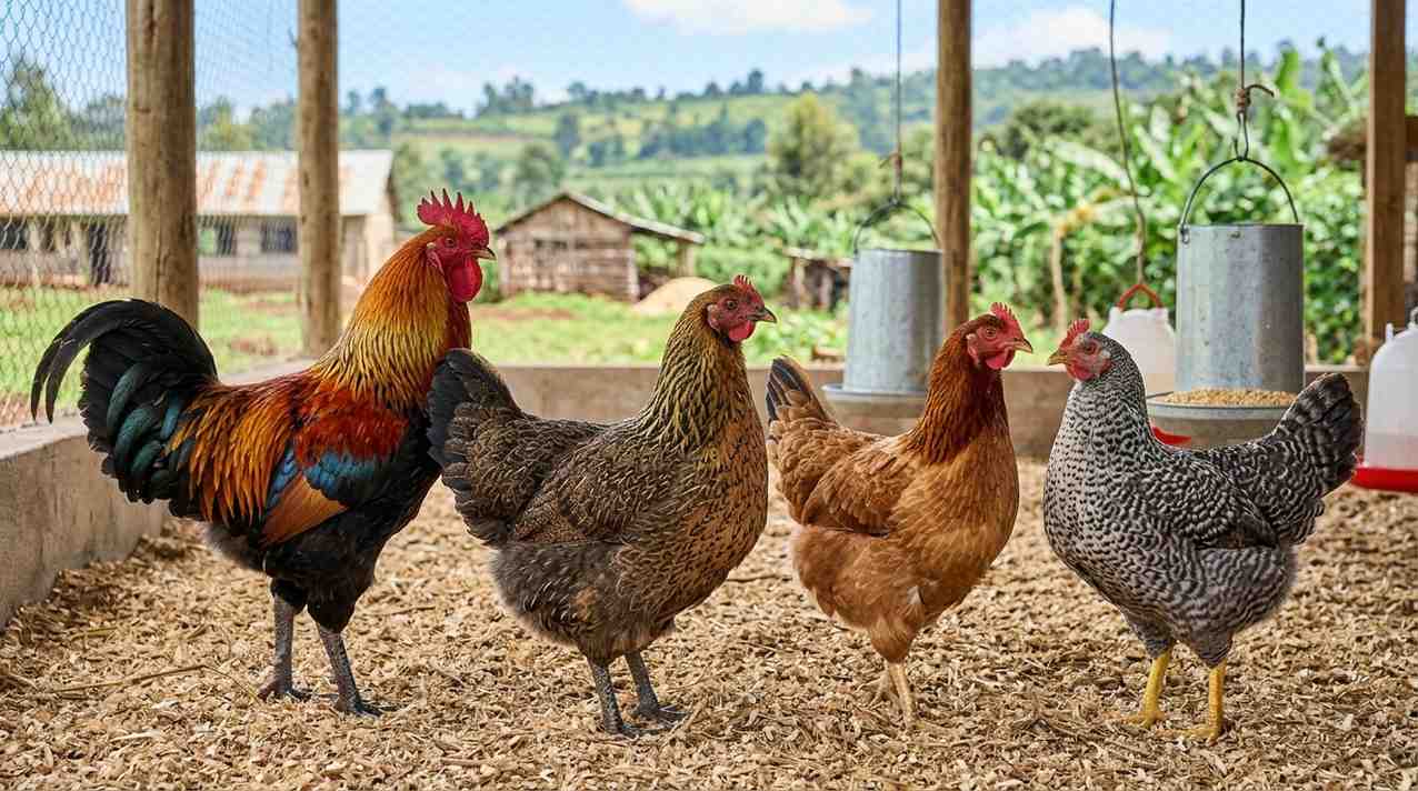 Different breeds of Improved Kienyeji Chicken in Kenya including KARI Rainbow Rooster and Kuroiler