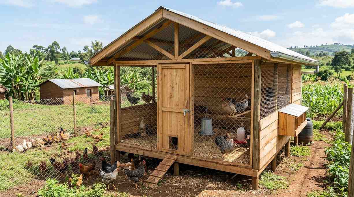 A simple Improved Kienyeji Chicken house built with locally available materials in rural Kenya