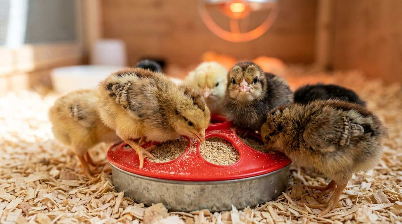 Kienyeji chicks feeding on proper chick starter mash in Kenya