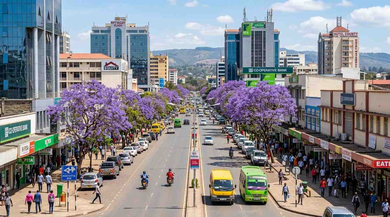 Nakuru City CBD skyline showing modern commercial buildings along Kenyatta Avenue with jacaranda trees in bloom