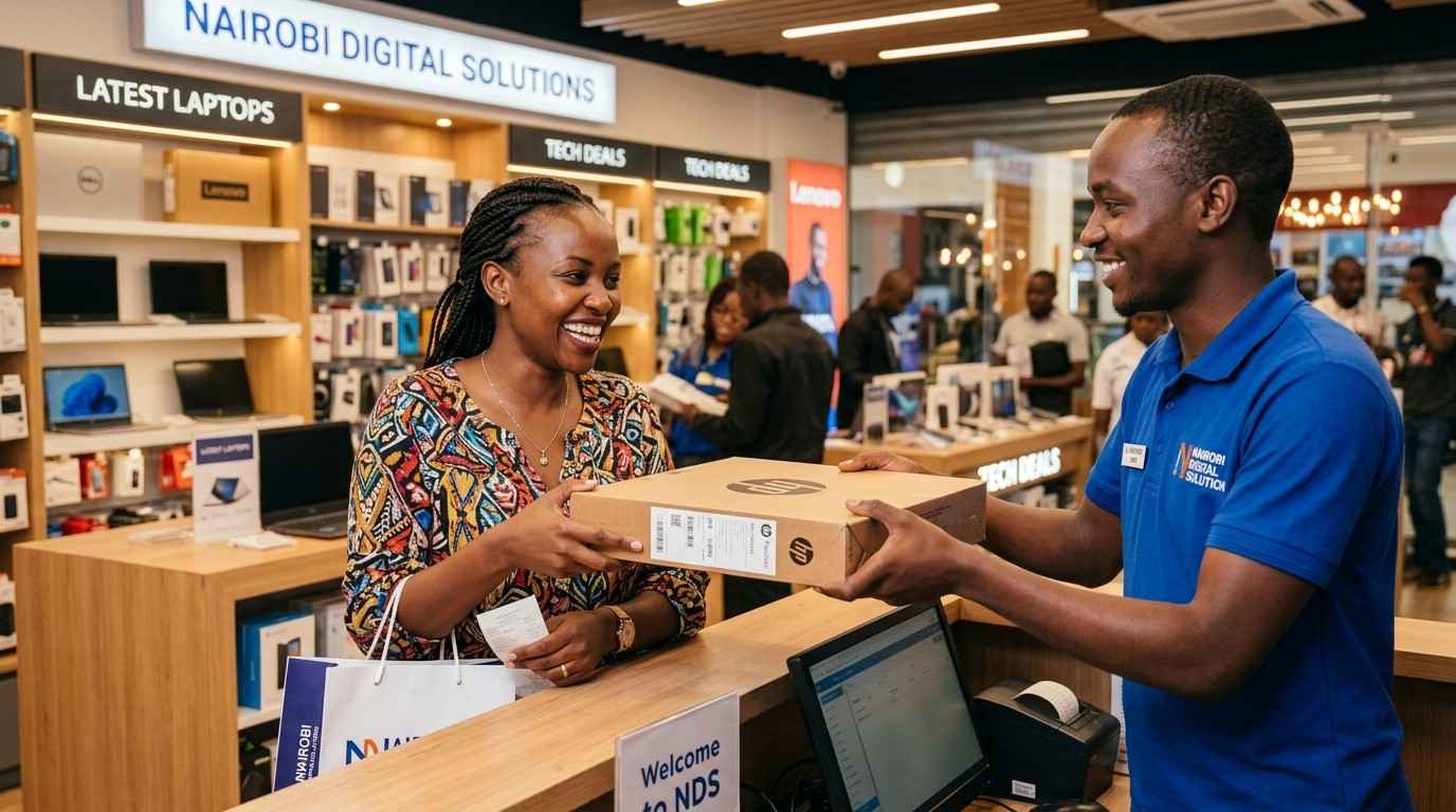 Laptop buyer choosing between Core i5 and Core i7 at a Nairobi shop