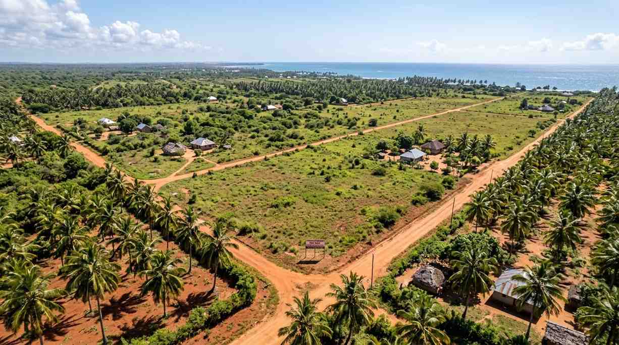Drone view of undeveloped land for sale in Kilifi County Kenya, showing lush green coastal vegetation and red laterite soil.