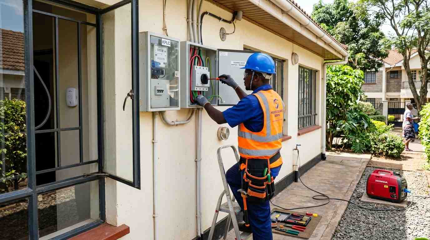 Licensed electrician installing a generator changeover switch in a modern Kenyan home