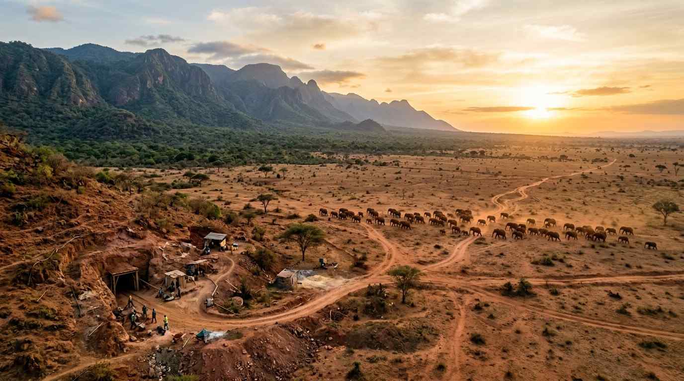 Aerial view of Tsavo National Park landscape in Taita Taveta County, Kenya