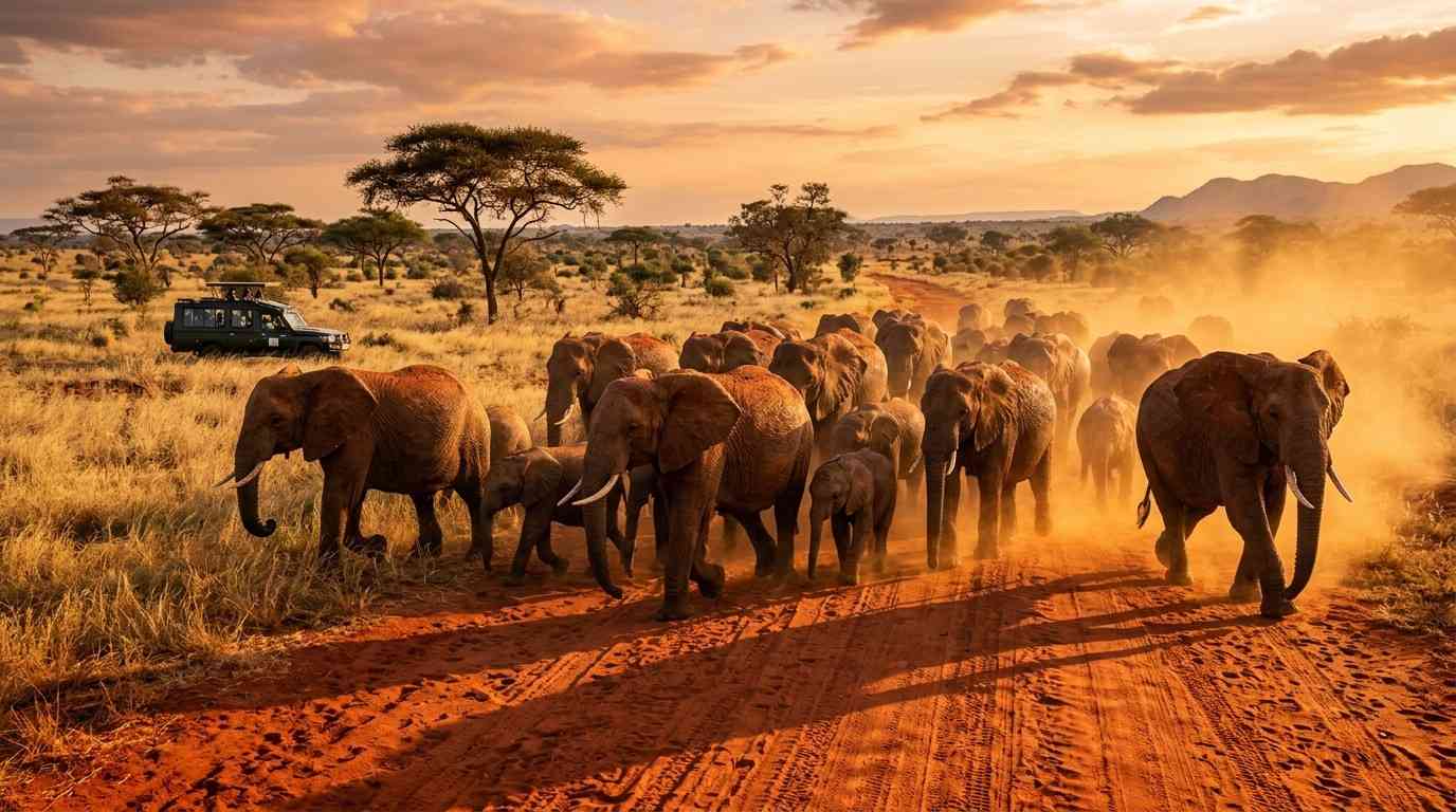 Elephants crossing a road inside Tsavo National Park in Taita Taveta County