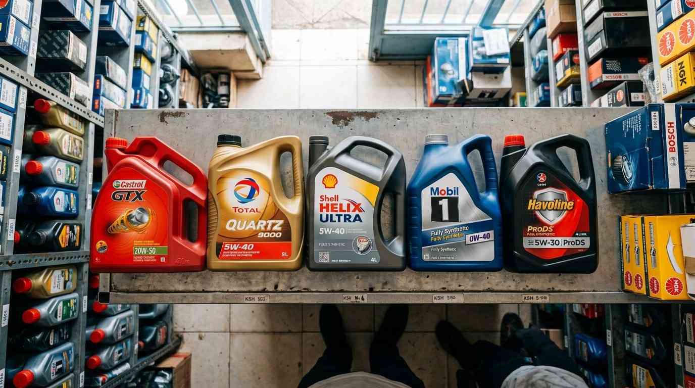 Different types of engine oil bottles on a shelf at a Kenyan auto parts shop