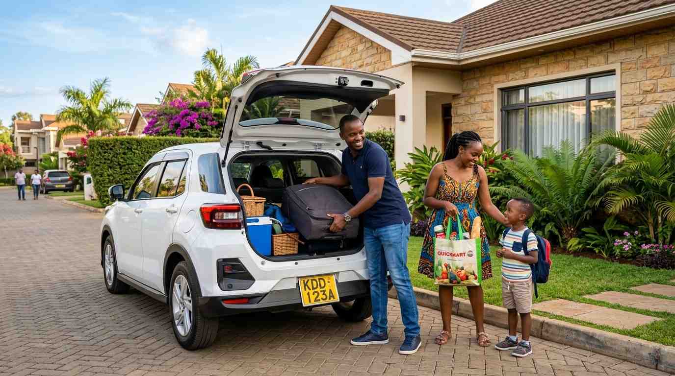 Family loading bags into a Toyota Raize in Kenya — ideal for young Kenyan families and urban professionals
