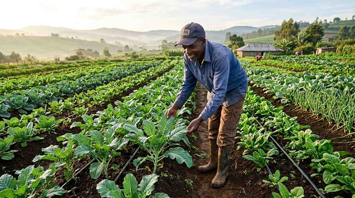 Farming in Kenya — farmer tending crops in a lush Kenyan field