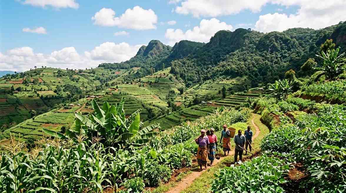 Green farmlands in the Taita Hills highlands showing maize and banana plantations in Taita Taveta County