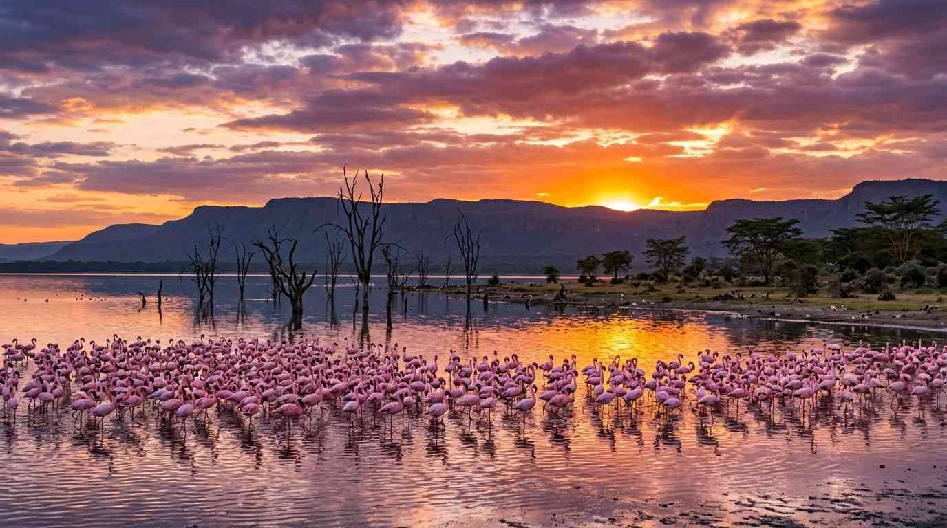 Flamingoes wading at sunset on Lake Elementaita with the Rift Valley escarpment reflected in the water