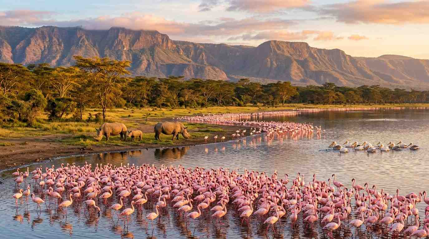 Flamingoes and pelicans on the pink waters of Lake Nakuru National Park with acacia trees and rhino in background