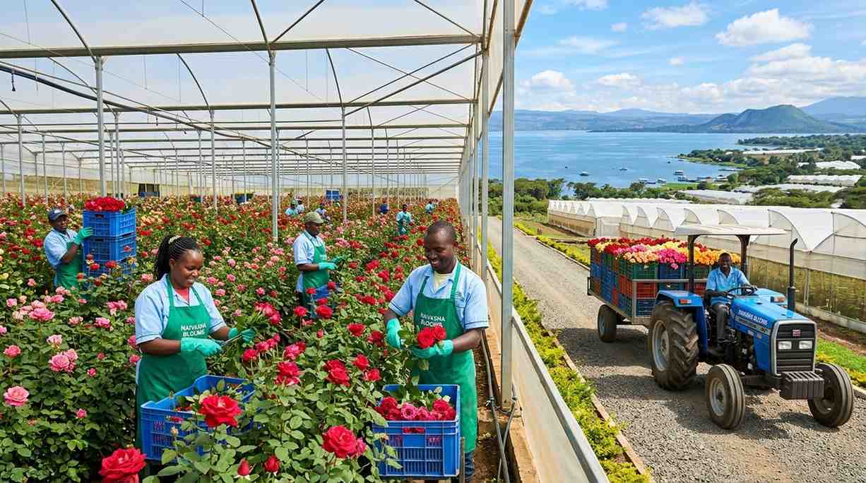 Flower farms and greenhouses along Lake Naivasha in Nakuru County Kenya
