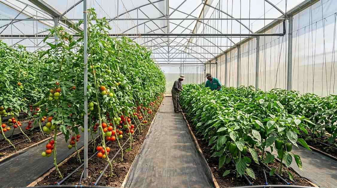 Greenhouse farming in Kenya — capsicum and tomato crops inside a polythene greenhouse