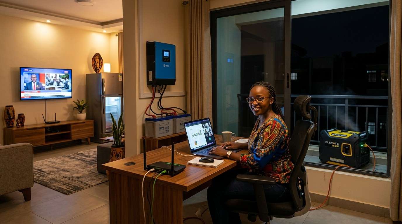 Home office setup in Kenya with a laptop and desktop computer running on backup generator power