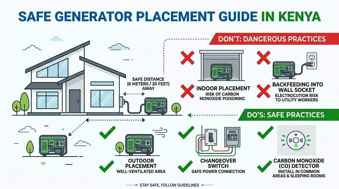 Generator safety rules for Kenyan homes — proper placement, changeover switch, and CO detector