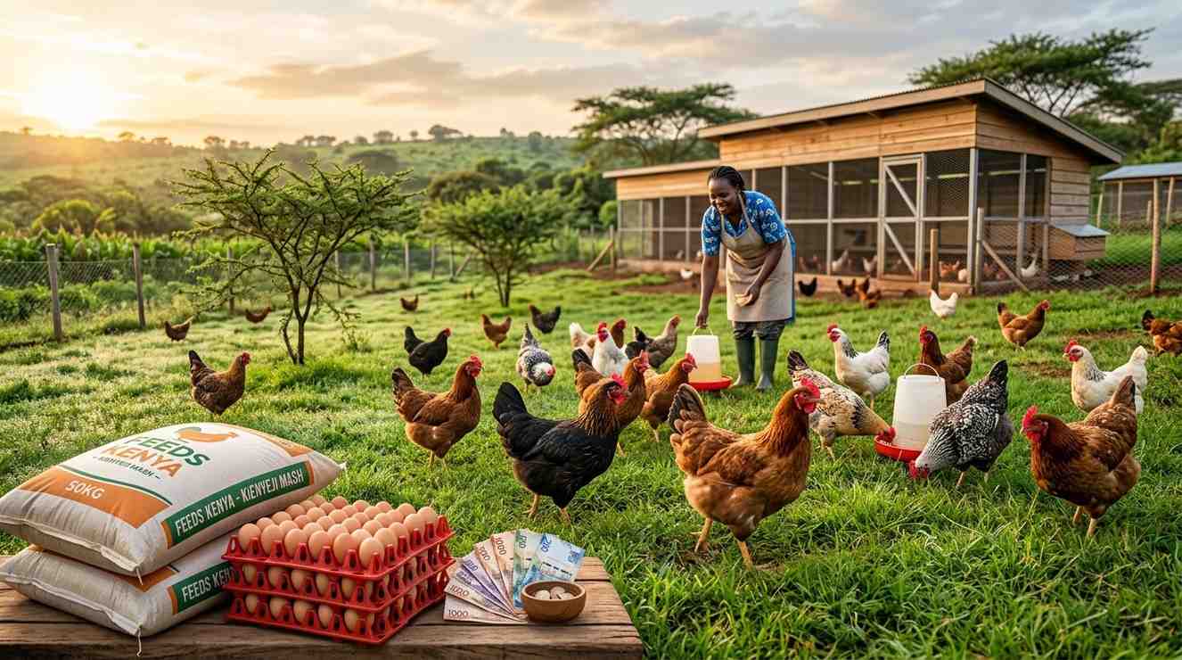 A farmer holding a healthy Kenbro improved kienyeji chicken in Kenya