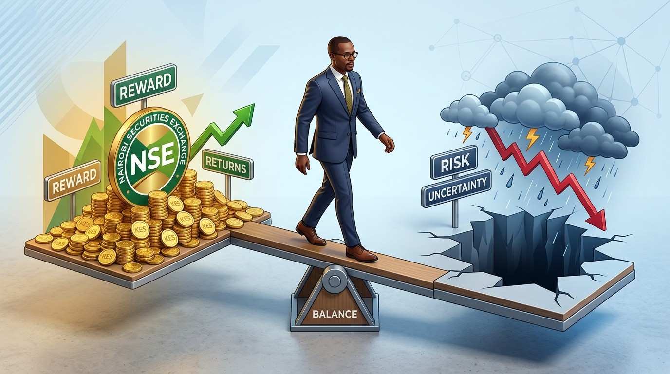 Kenyan investor checking NSE share prices on phone showing investment risks
