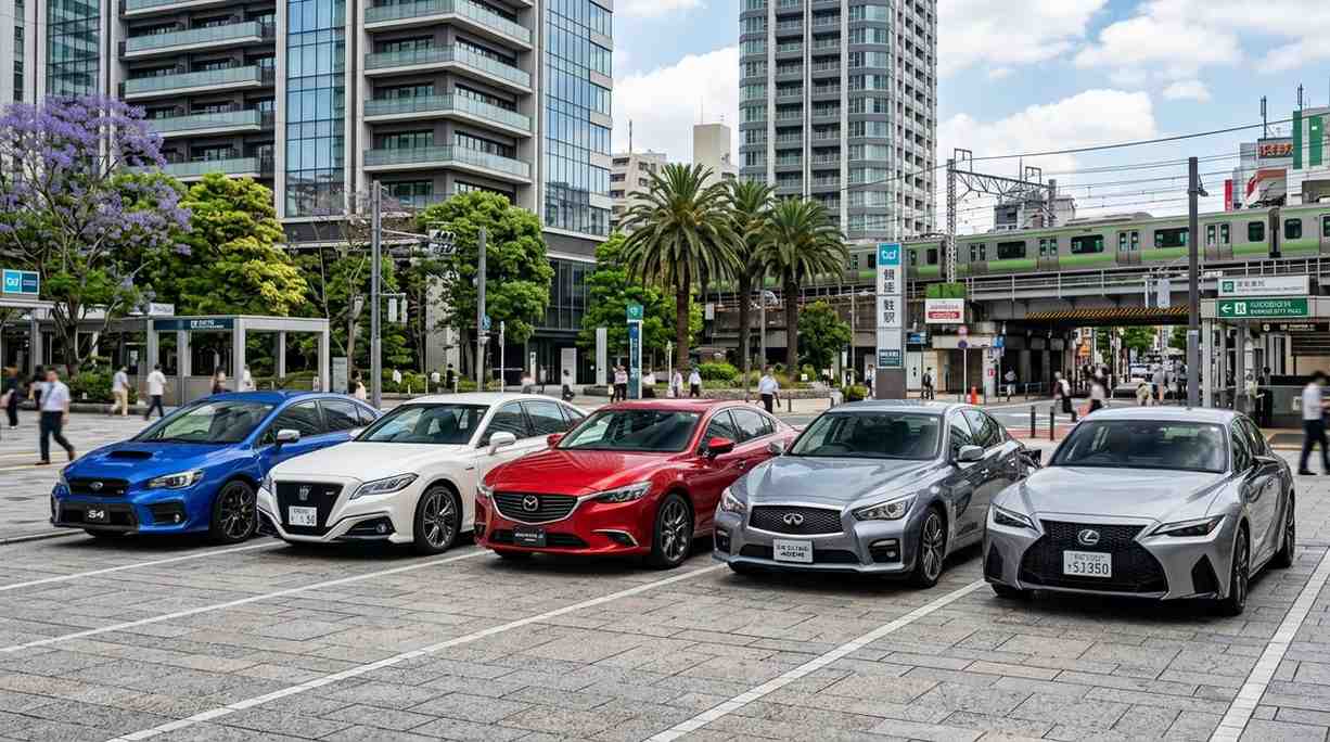 Japanese 4WD sedans including Nissan Skyline, Toyota Crown, and Mazda Atenza