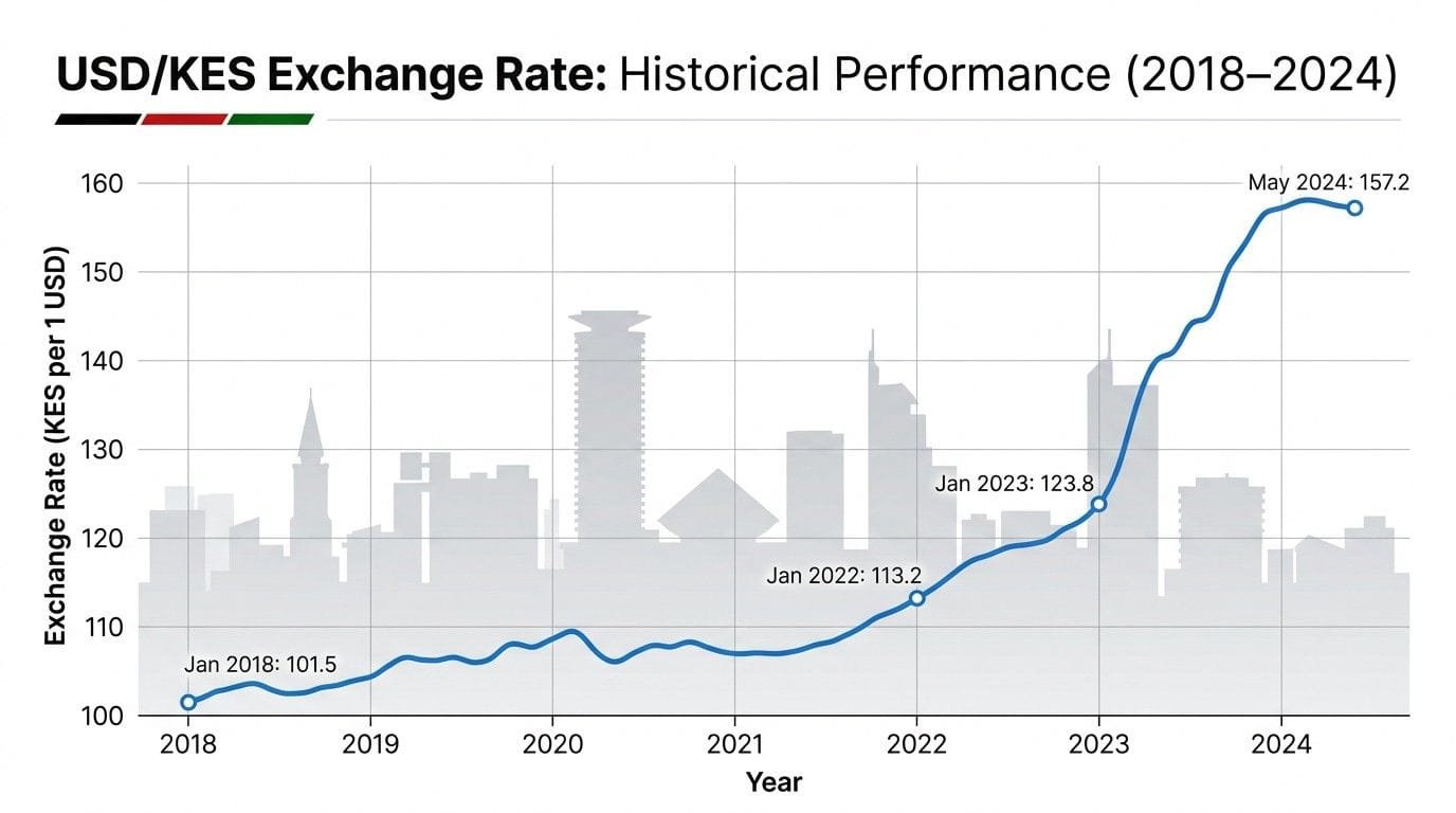 Graph showing Kenya Shilling exchange rate fluctuations against the US Dollar from 2018 to 2026