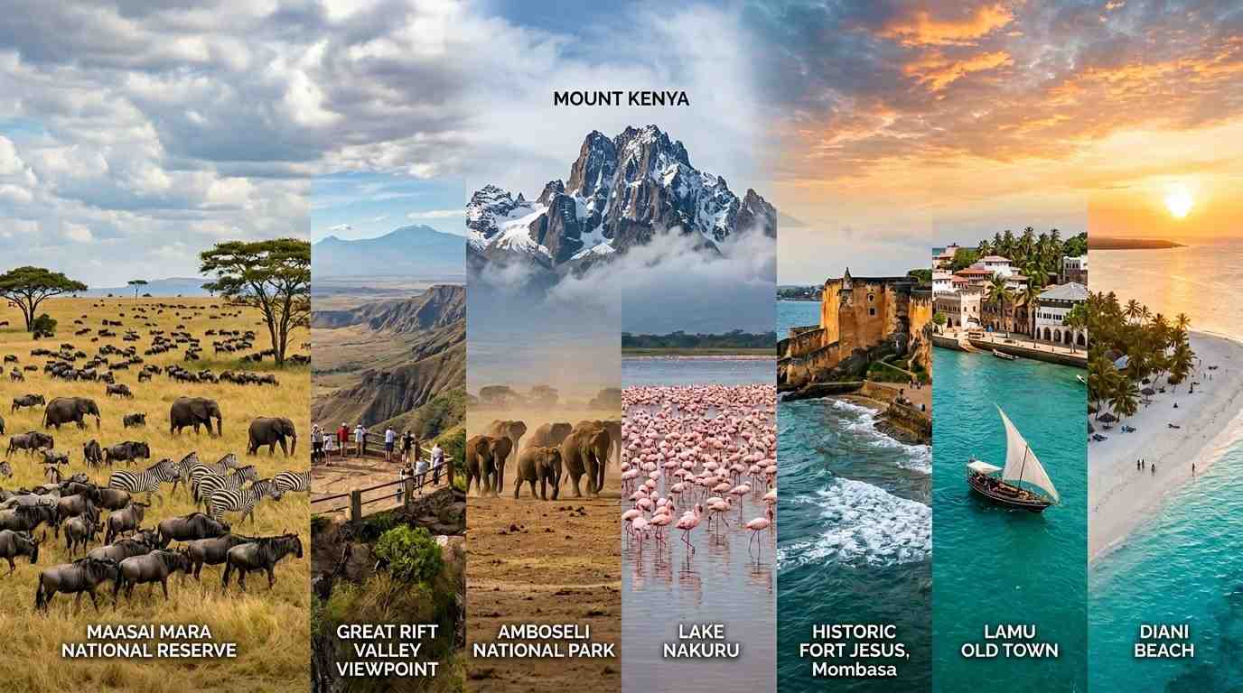 Aerial view of Kenya's diverse landscapes — savanna, coast, and mountains