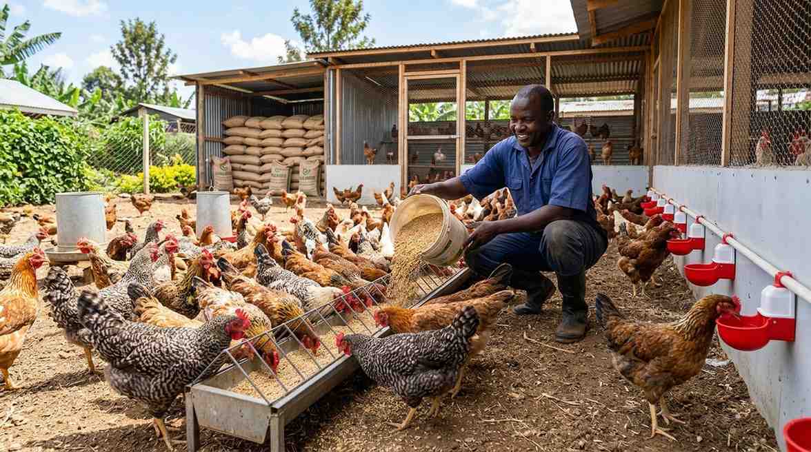 A Kenyan farmer checking on healthy Improved Kienyeji Chickens in a free-range farm