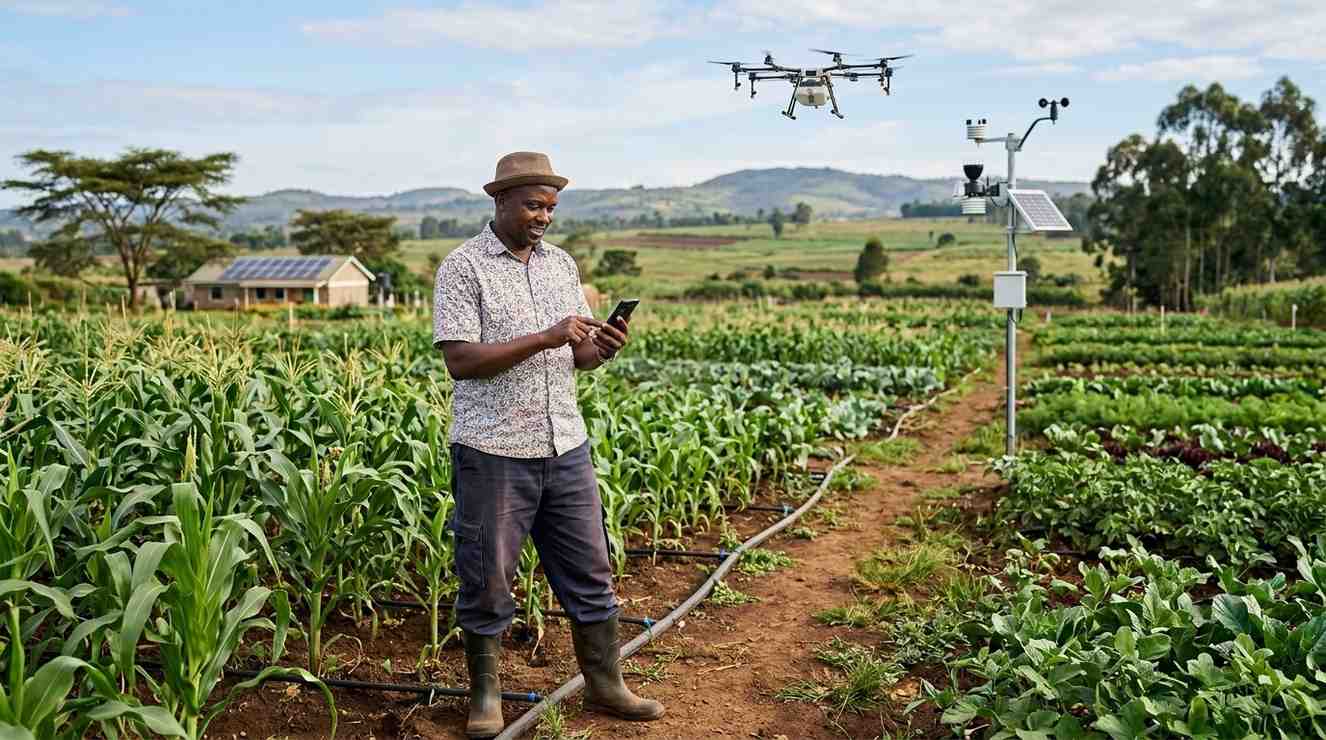Smart farming in Kenya — farmer using a smartphone to monitor crops with Apollo Agriculture