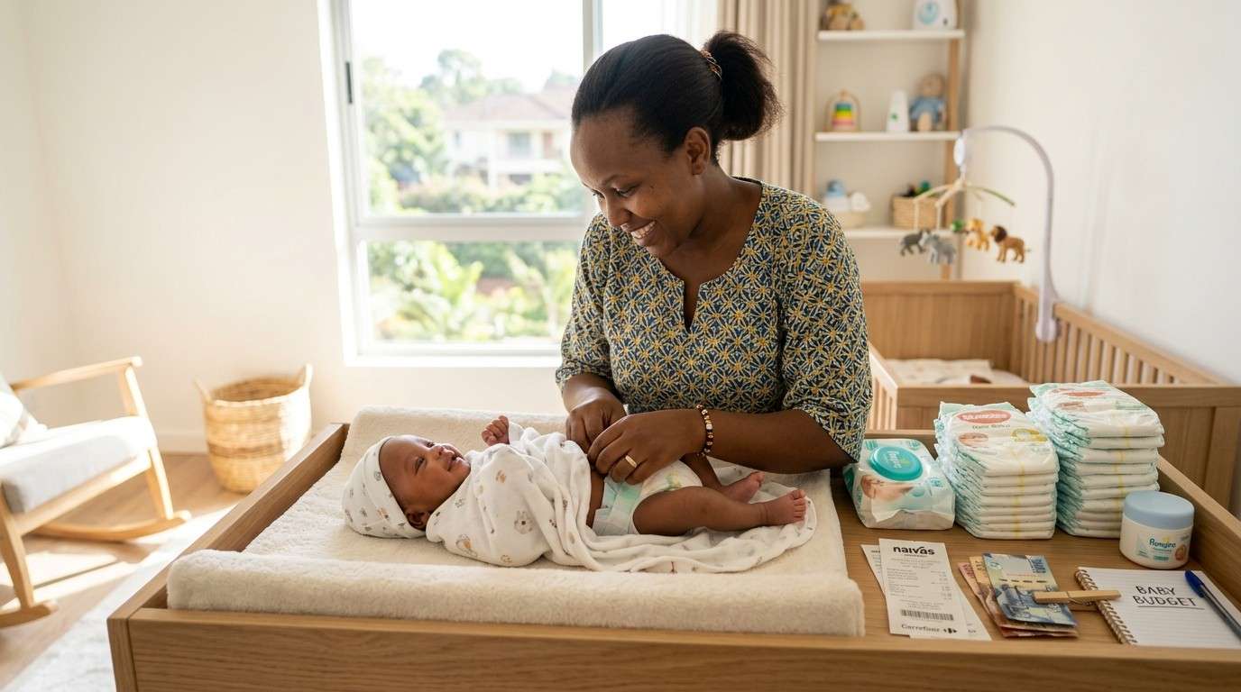 Newborn baby with diapers laid out on a changing mat in Kenya