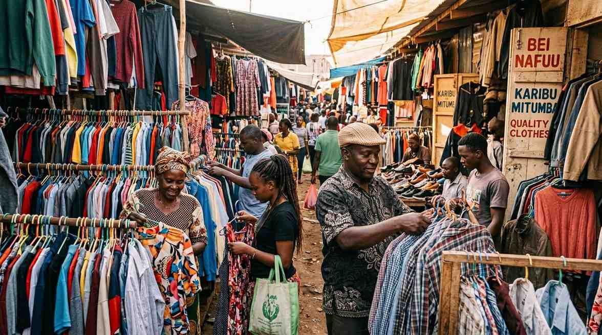 Shoppers at an outdoor mitumba market in Nairobi, browsing piles of second-hand shoes