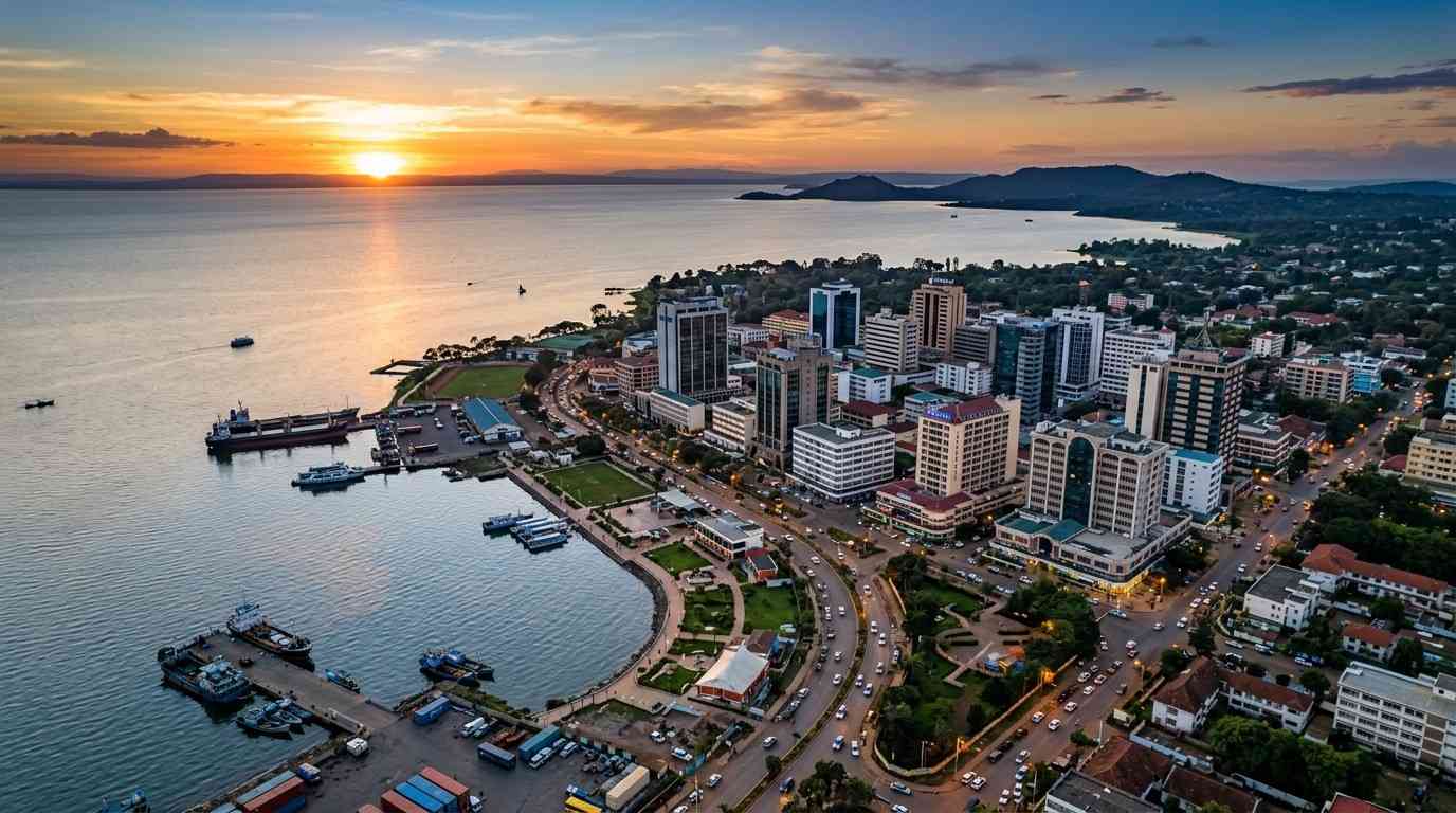 Kisumu CBD business district showing commercial buildings, market activity and street-level trade in Western Kenya
