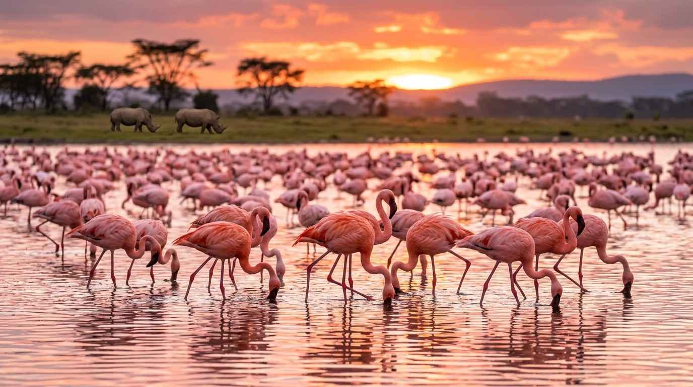 Pink flamingos wading along the shores of Lake Nakuru National Park at sunset