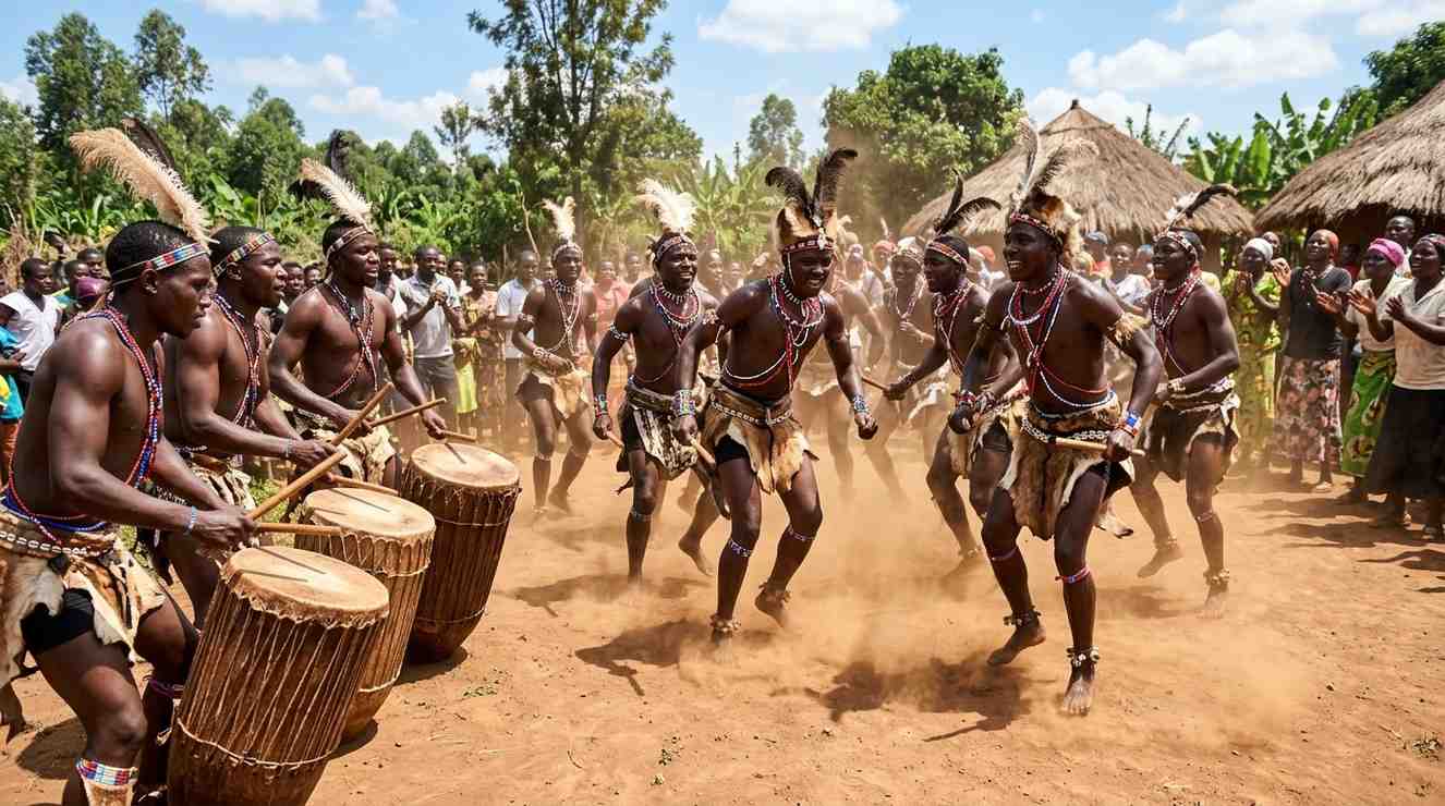 Traditional Isukuti drumming performance at a cultural celebration in Kakamega County, Western Kenya