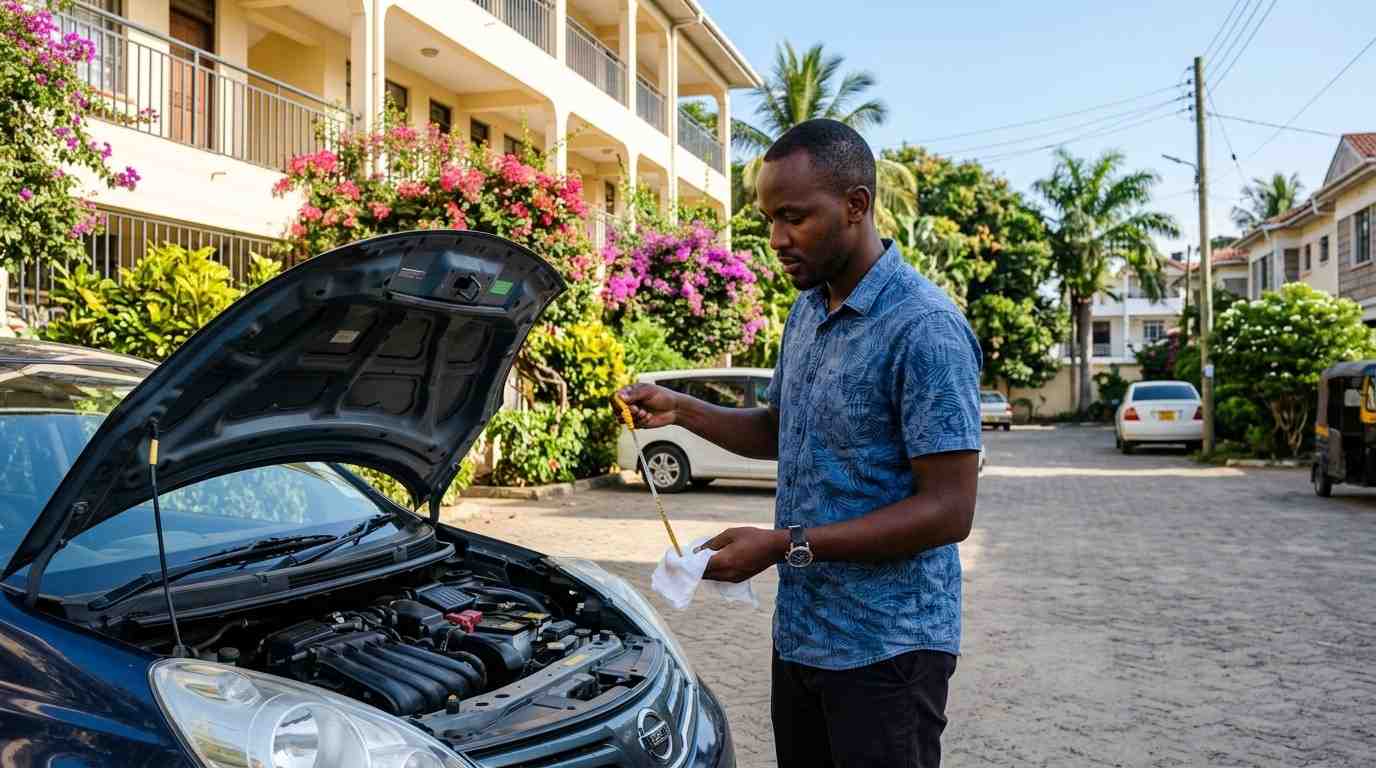 A driver checking engine oil level on a dipstick in Kenya
