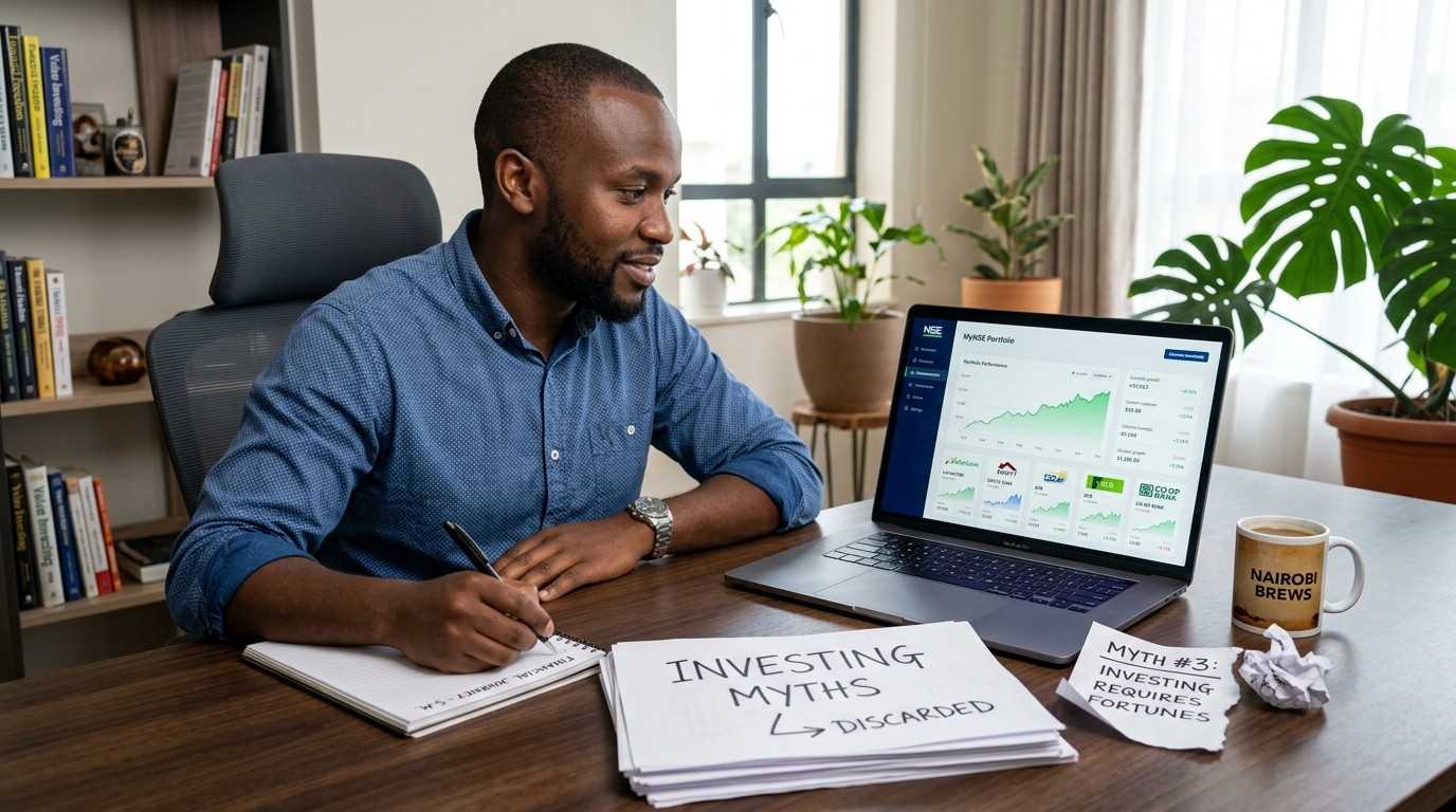 A Kenyan investor reviewing NSE stocks on a laptop — busting common investing myths