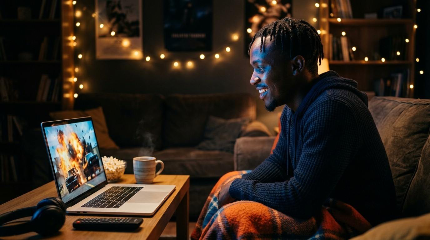 Man streaming action movies on a laptop using a free movie website