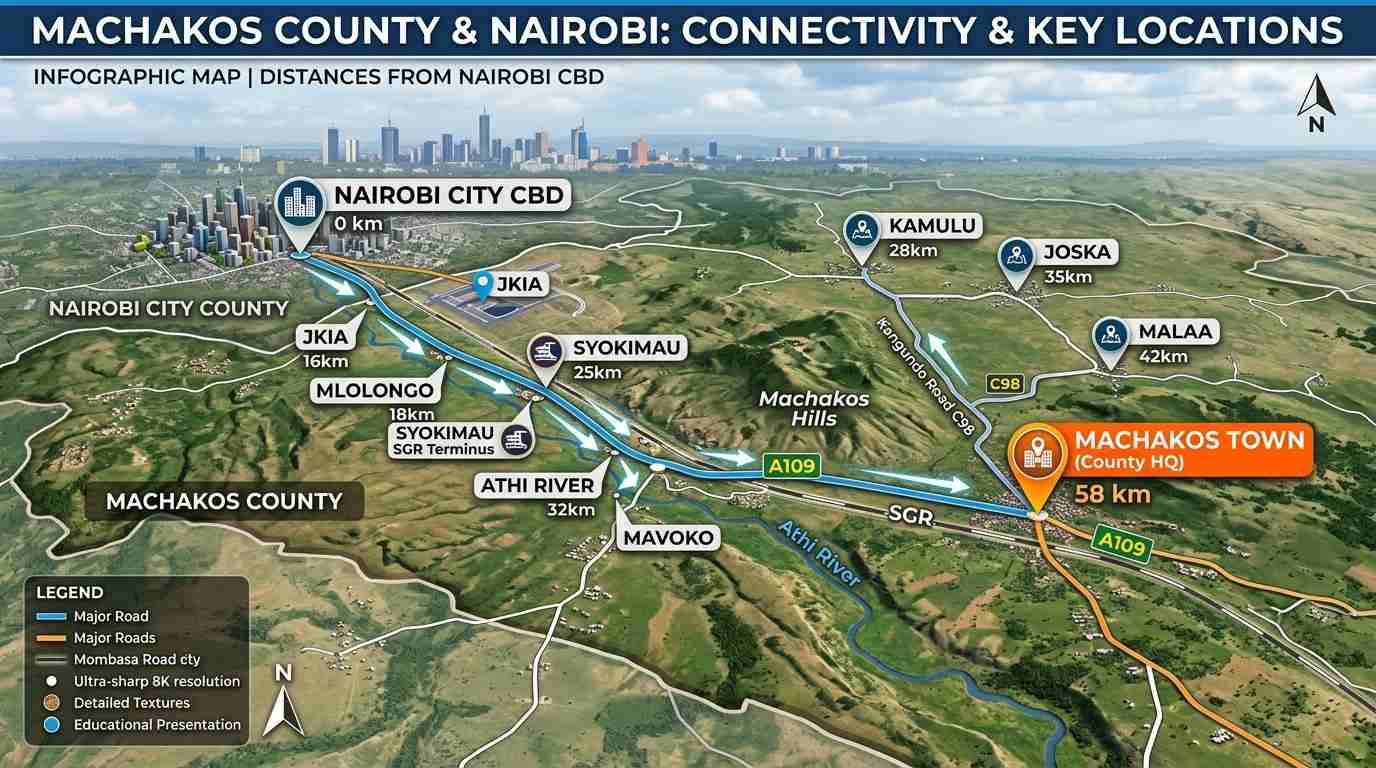 Map showing proximity of Machakos County towns to Nairobi CBD including Mavoko, Athi River, Syokimau