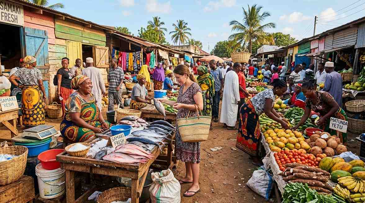 Kilifi market scene showing fresh fish, tropical fruits and local vendors in the coastal county of Kenya.