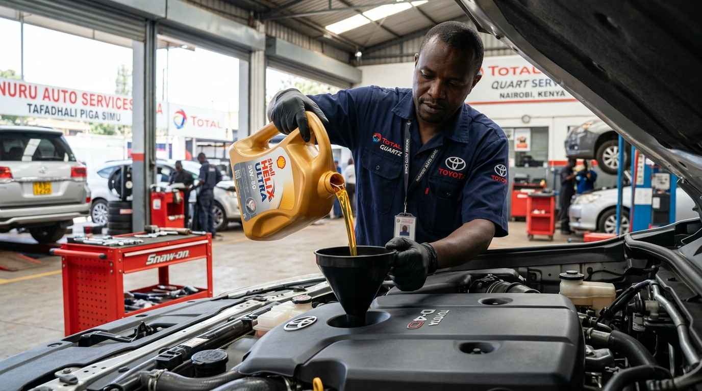 A mechanic pouring fresh Castrol engine oil into a Toyota car engine in Kenya