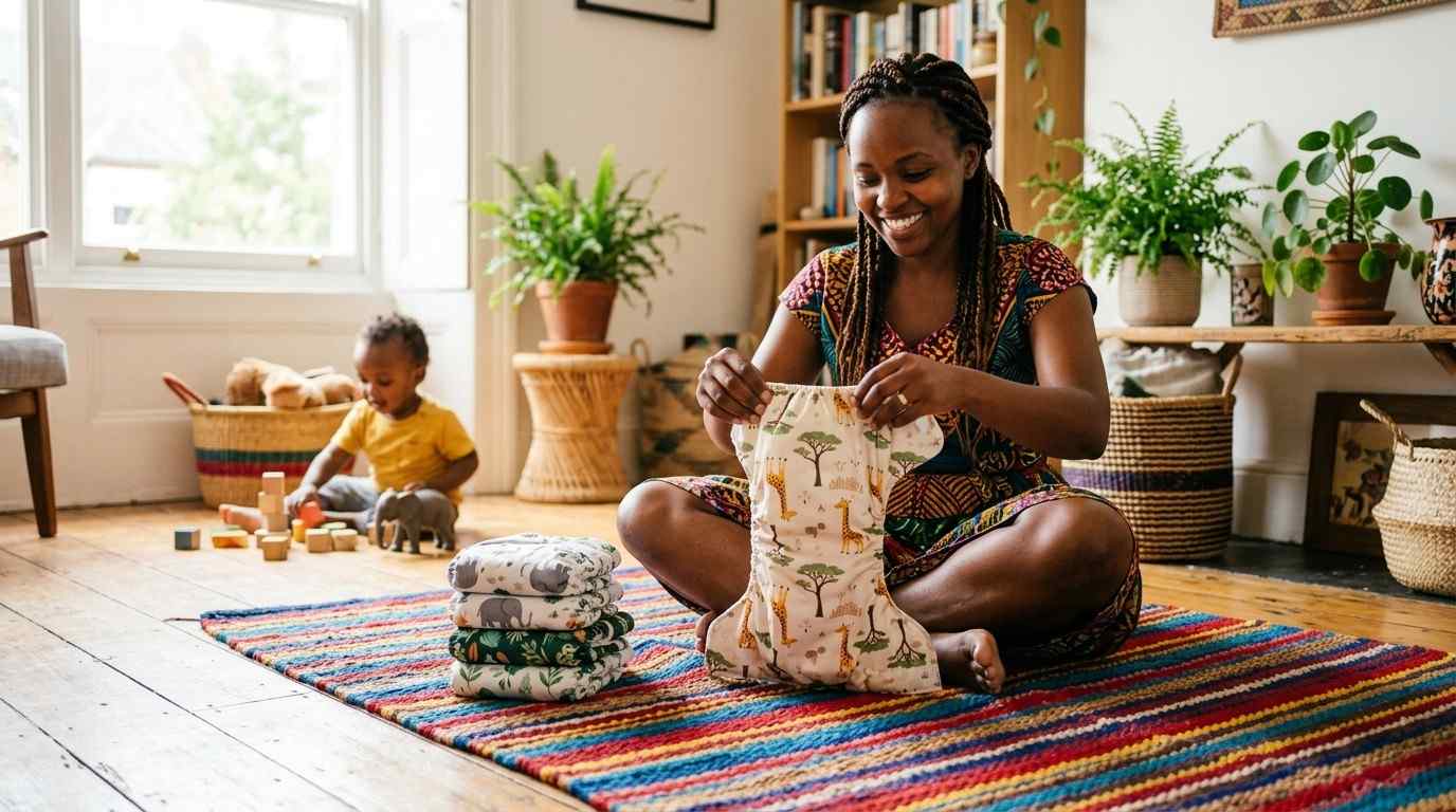 Kenyan mother folding pocket cloth diapers for a newborn baby