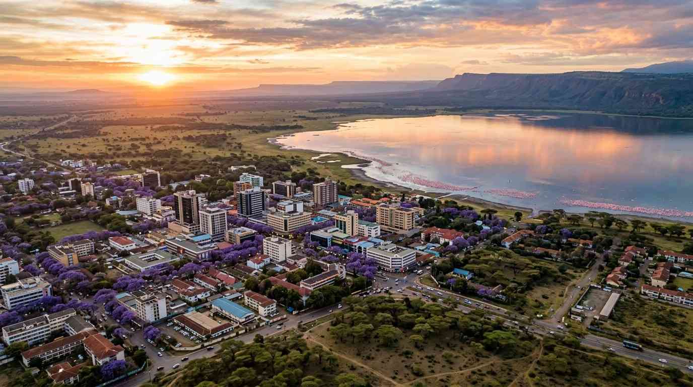 Aerial view of Nakuru City with Lake Nakuru National Park in the background at golden hour