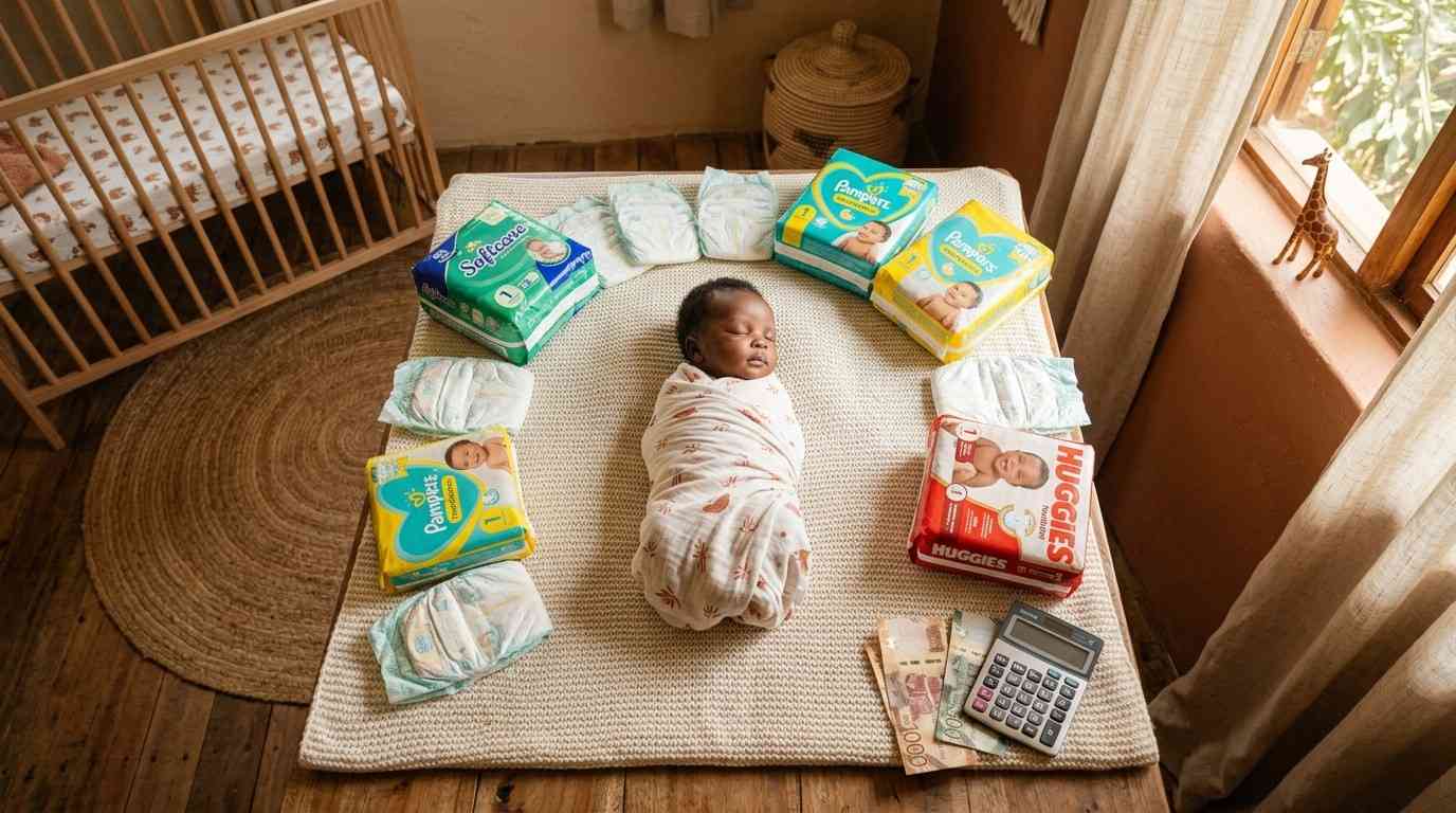 A variety of disposable diaper brands available in Kenyan supermarkets including Pampers, Huggies and Softcare