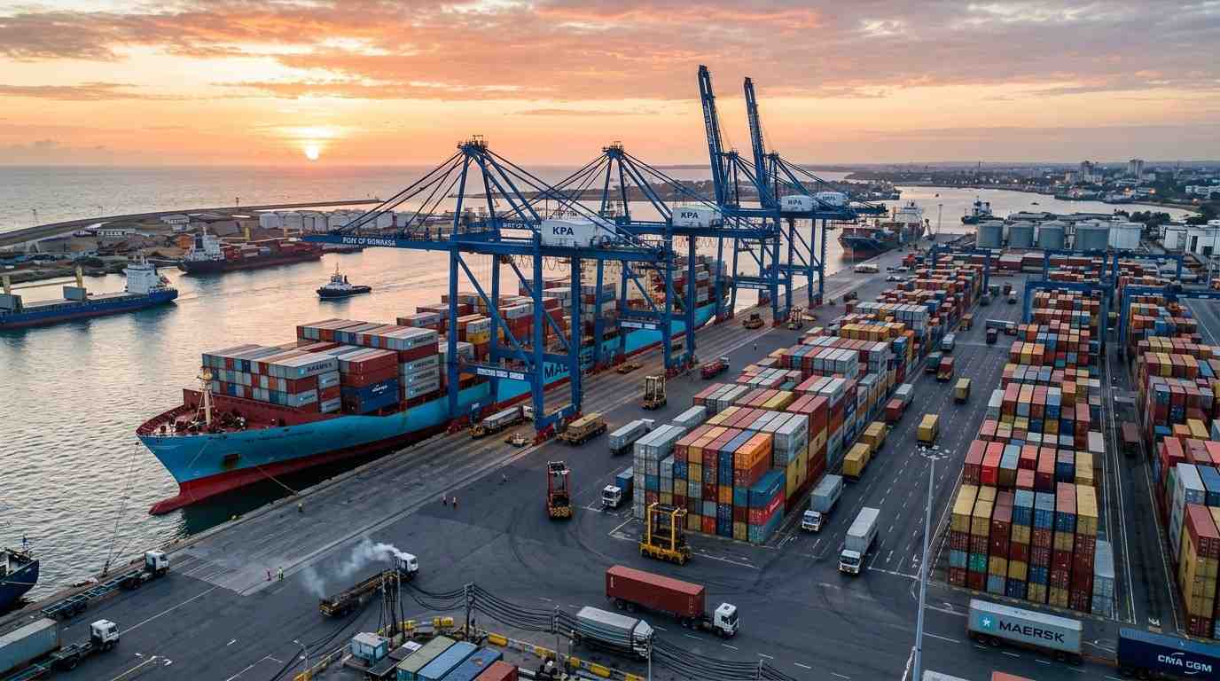 Mombasa port container terminal with cranes and cargo ships — East Africa's largest seaport